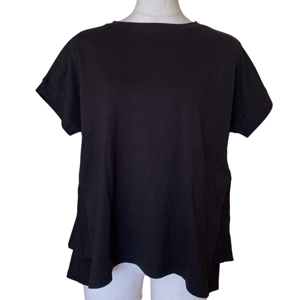 NWT Minimalist Cotton Tee with Flowy Layered Trendy Ruffle Back -Black M - Picture 1 of 7
